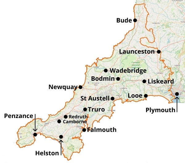 map of Cornwall showing the whole area Logans Logs delivers to
